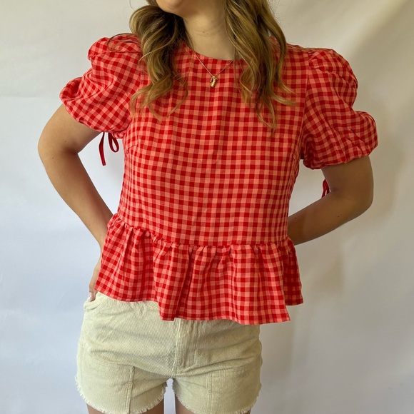 Red Gingham Peplum Top - Picture 2 of 3
